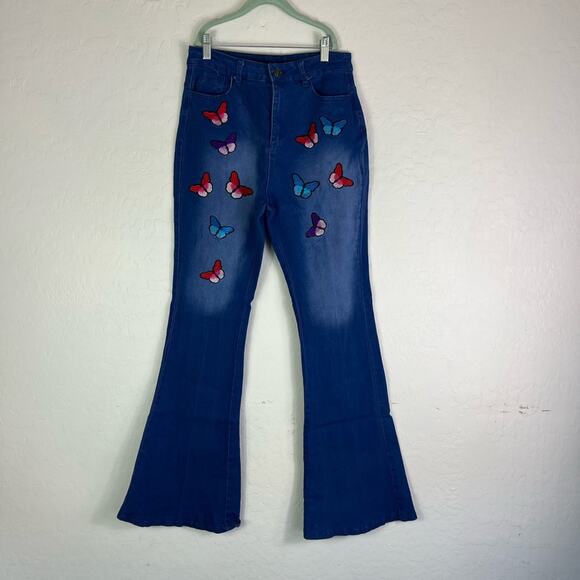 Unbranded Jeans Womens Size M Multicolor Butterfly Embroidery Flare Patchwork - Picture 1 of 16